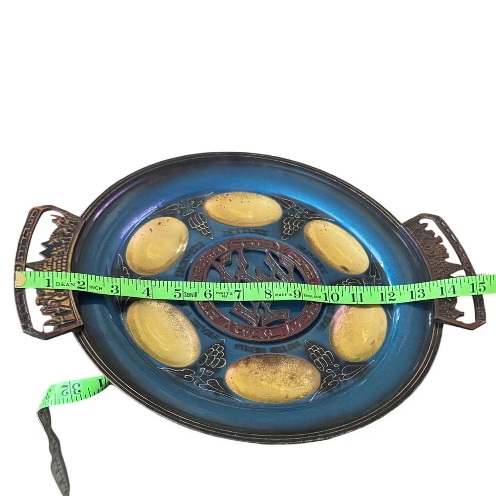 Vintage Green-Blue Enamel Brass Passover Seder Plate 15in Exodus Scene Handles‎